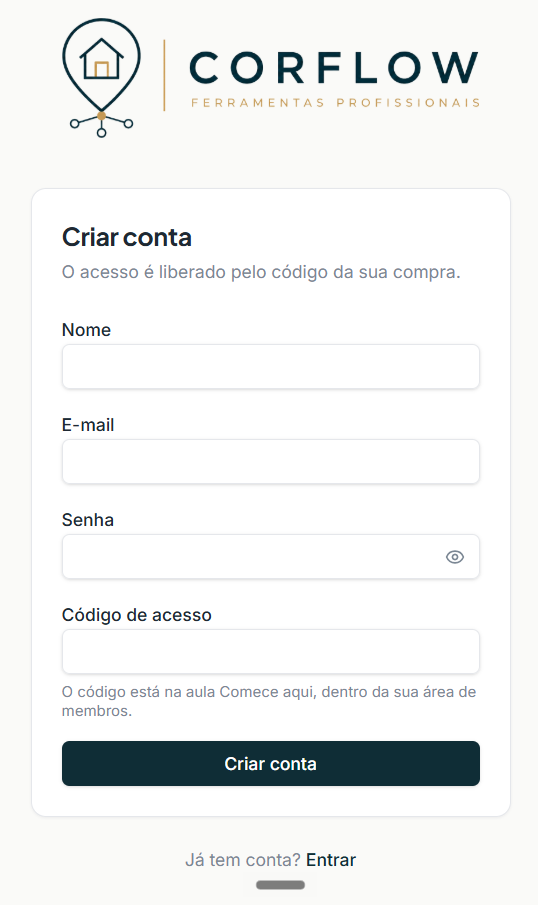 Tela de criação de conta no Corflow