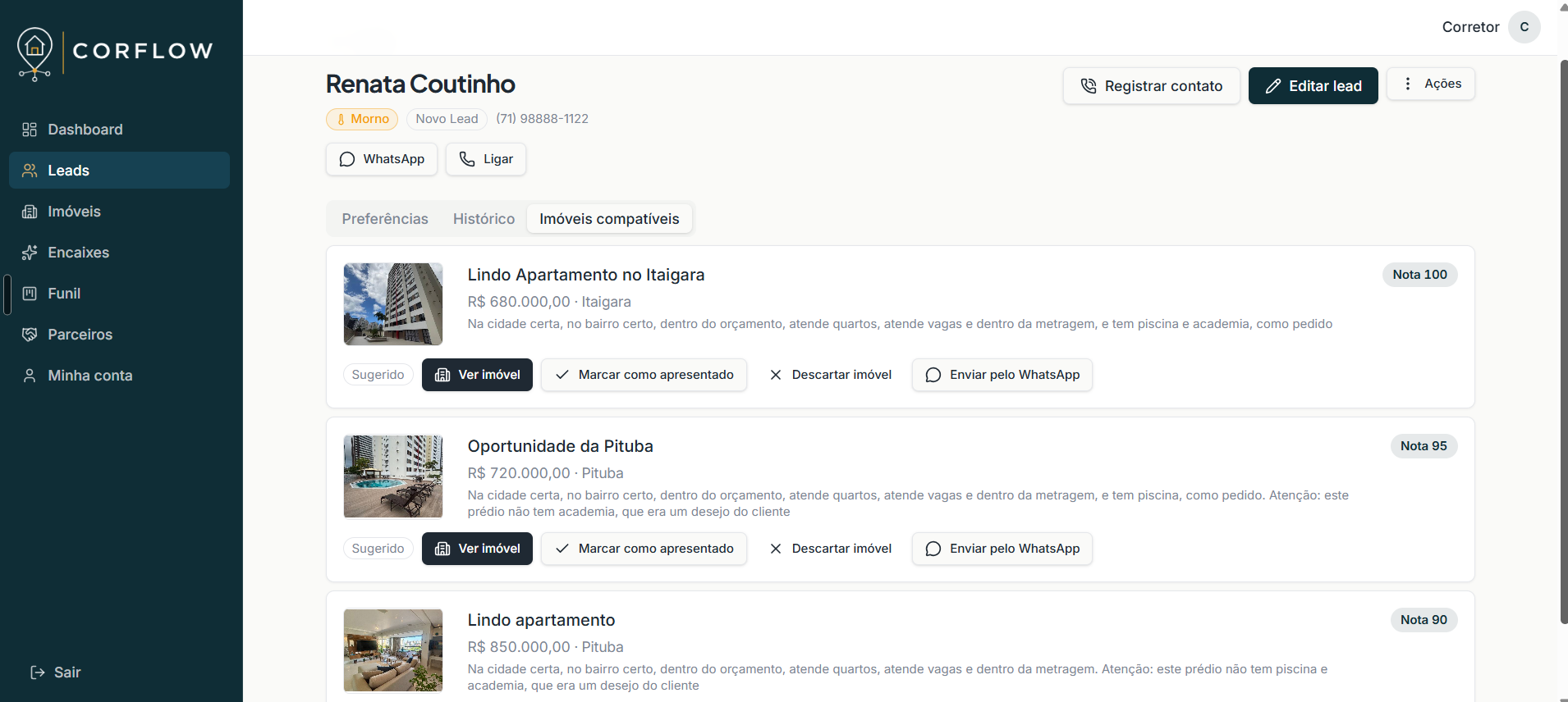 Imóveis compatíveis com um lead e suas notas