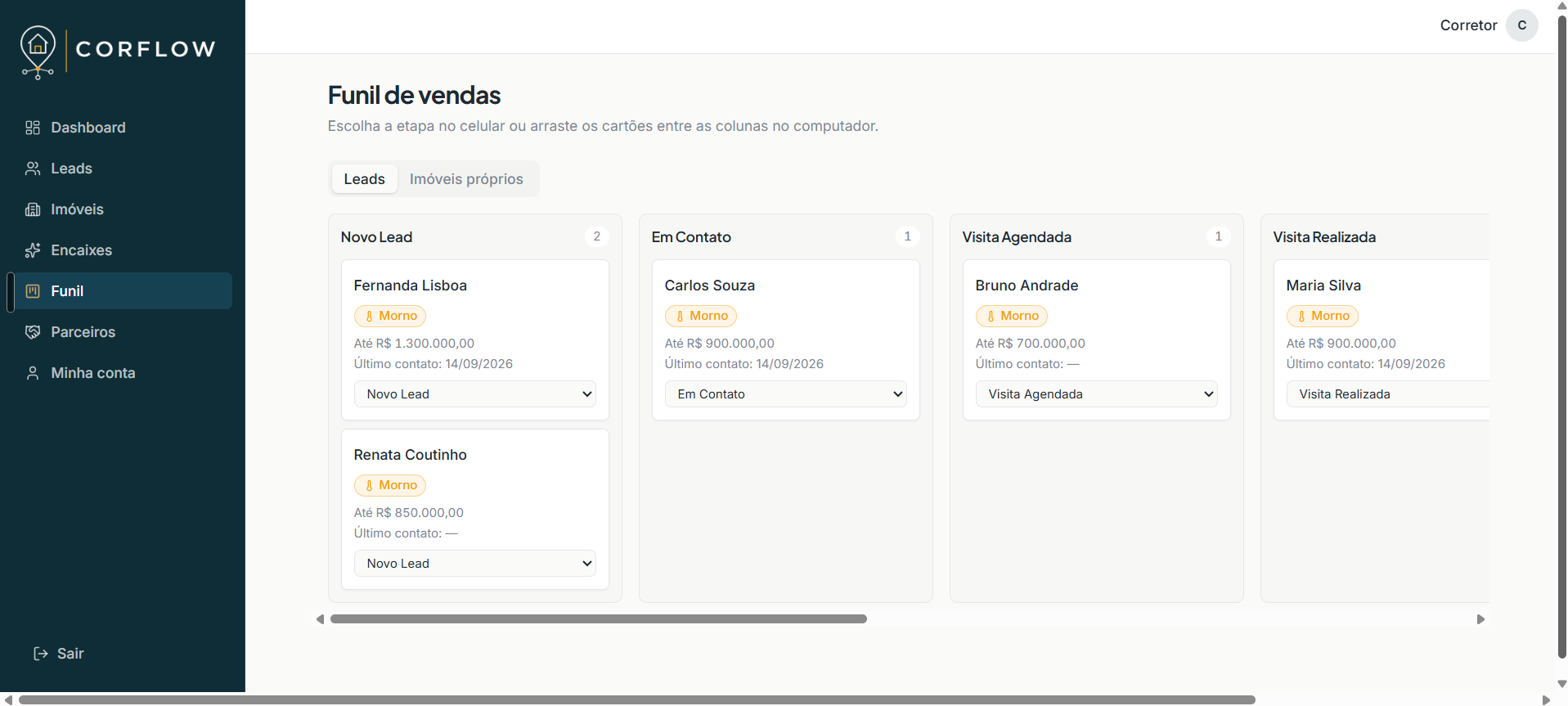 Funil de vendas organizado no Corflow